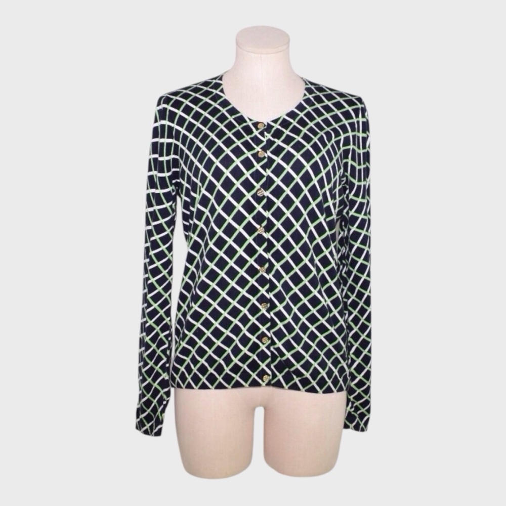 Talbots Geometric Grid Print Button Cardigan